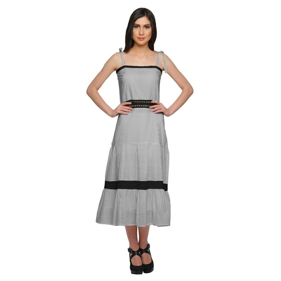 Moomaya Cotton Women Sleeveless Long Adjustable Shoulder Strap Dress With Lace