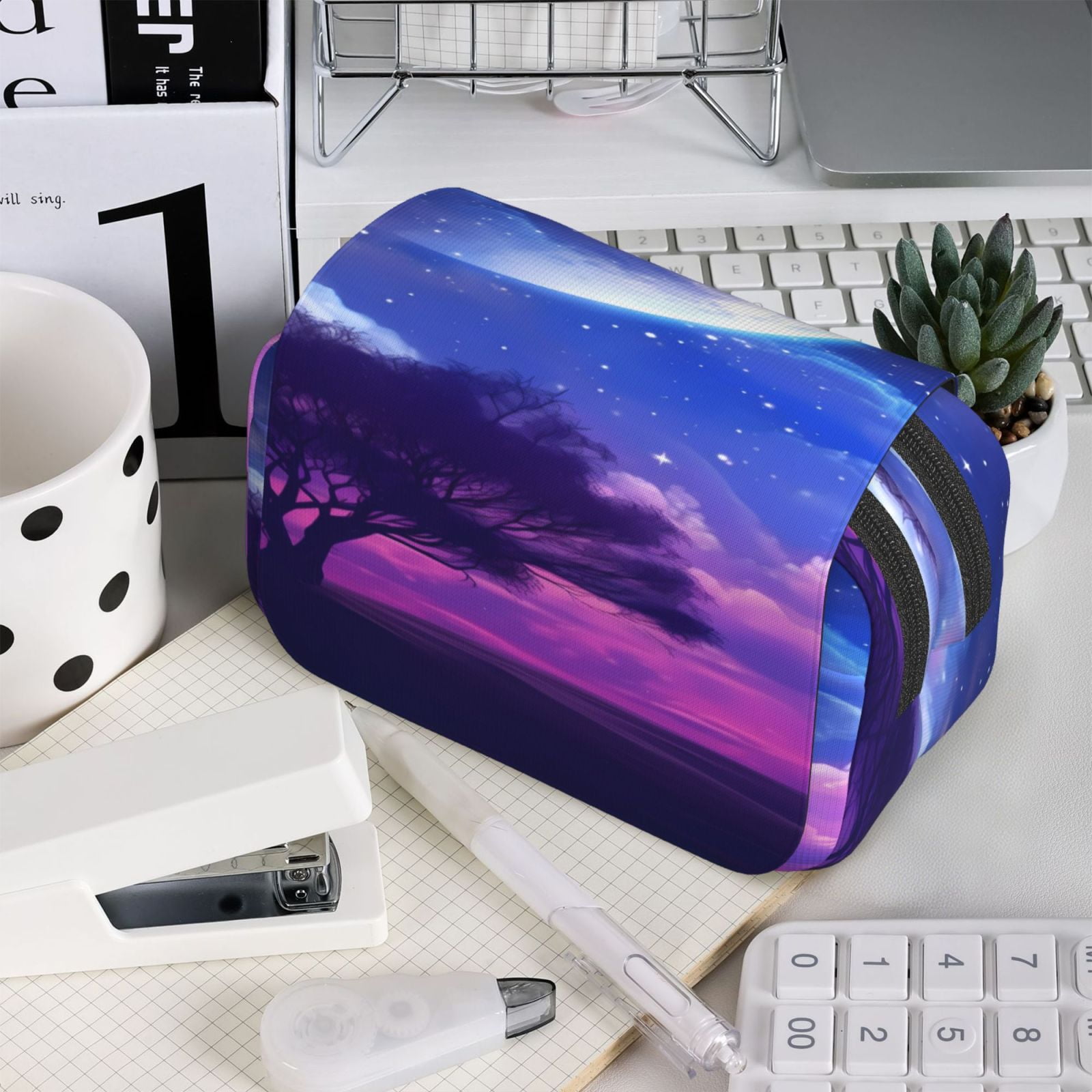 Rateoe Dreamy Colorful Starry Sky Pattern Double Clamshell Pen Case, Storage Organizer with Two Zipper Compartments– Holds Up to 50 Pencils & Pens
