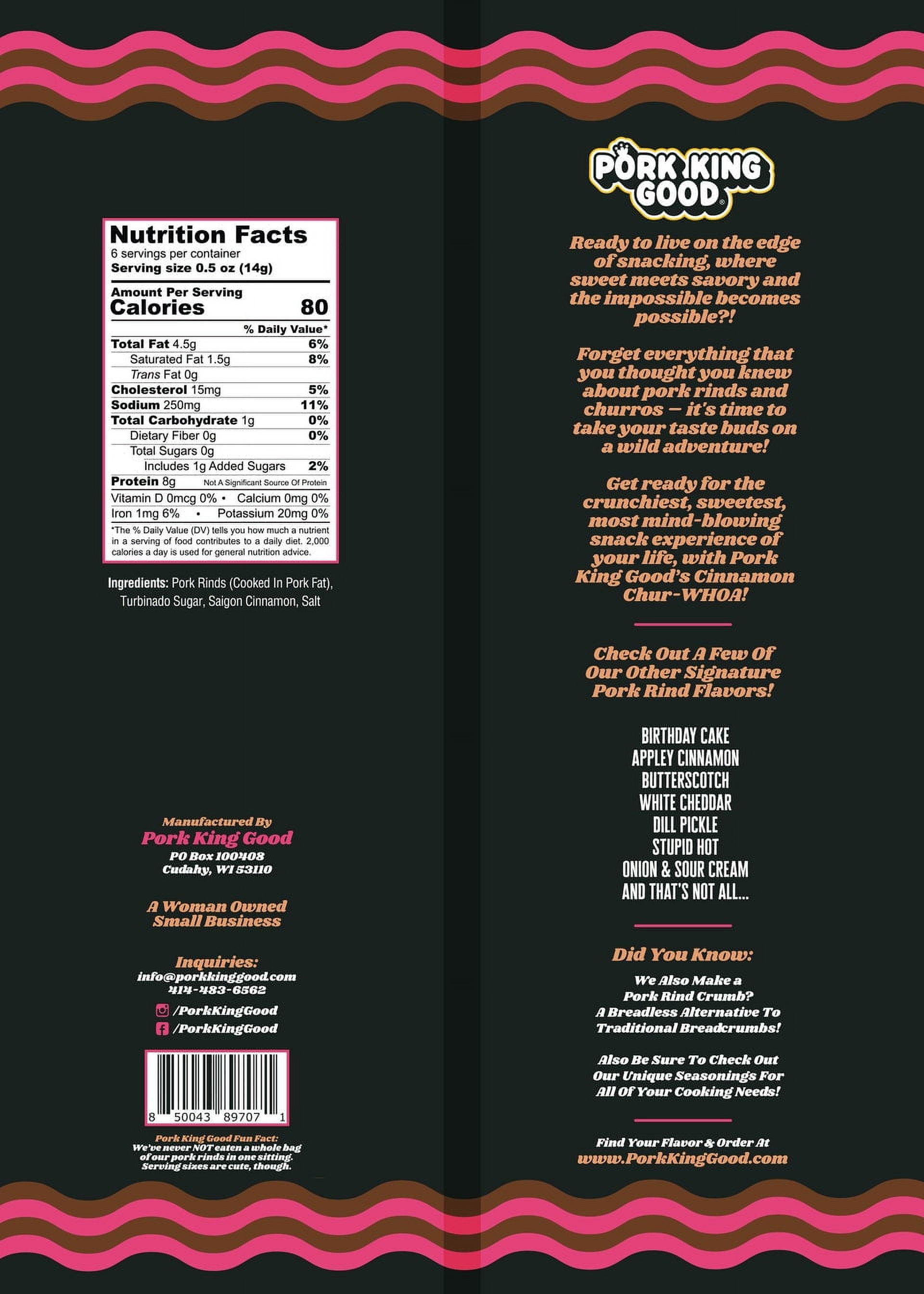 (2 pack) (Single) Pork King Good Cinnamon ChurWHOA Pork Rinds - 3 oz Bag