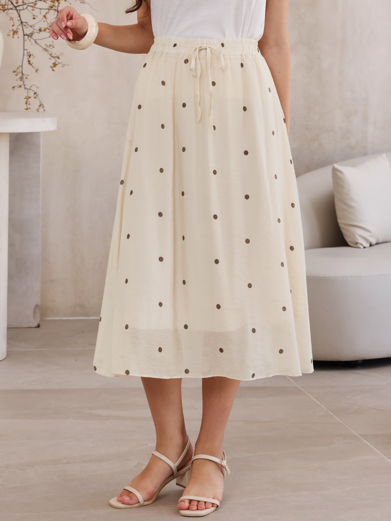 DARING DIVA Women's Elastic Waist Polka Dots Midi Skirts Medium Beige