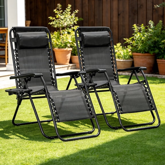 WLLJOY Zero Gravity Chair 2Pcs, 350lb Capacity, Folding Reclining Chair with Adjustable Pillow and Cup Holder for Garden, Patio, Beach, Black