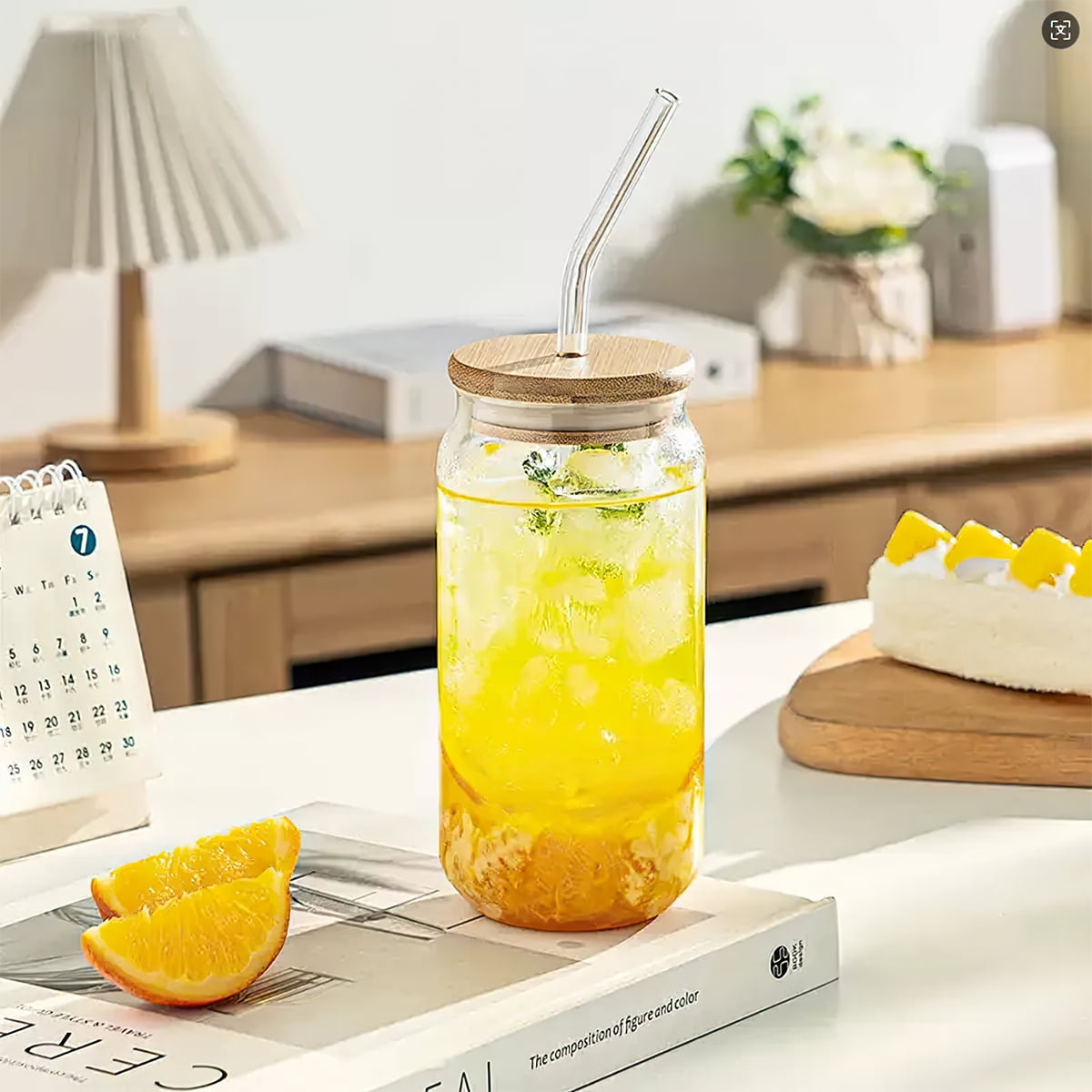 16 OZ Can Shaped Glass Cups, 4 PCS Drinking Glasses with Bamboo Lids and Glass Straw for Beer, Iced Coffee Drinking Glasses, Cute Tumbler Cup for Smoothie, Boba Tea, Whiskey, Water, 1 Set