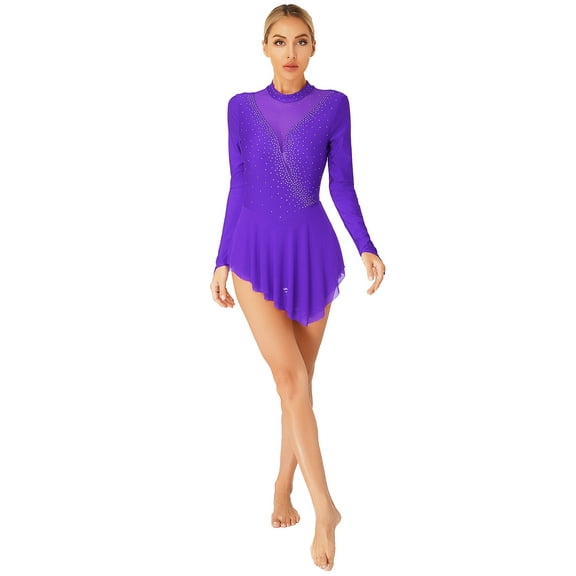 HULIJA Women's Figure Ice Skating Dress Long Sleeve Shiny Rhinestones Roller Skating Lyrical Dance Purple L