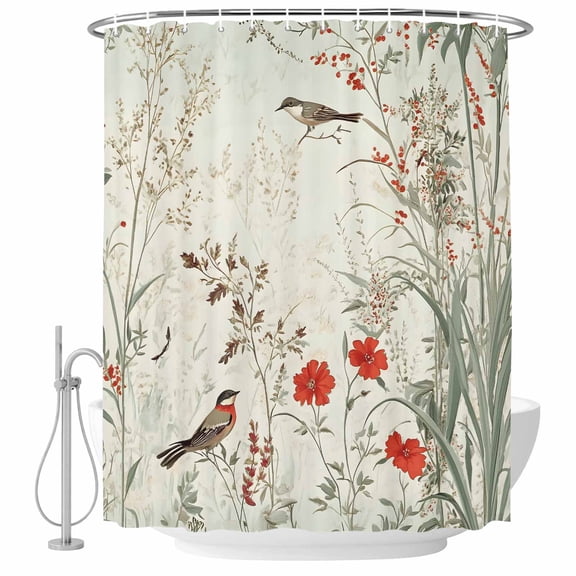 Vintage Botanical Shower Curtain Set - Small 36" x 72" Washable Bathtub Curtain with 12 Hooks, Summer Birds Pastoral Spring Floral Waterproof Fabric Stall Shower Curtains for Bathroom/Bathtub Décor