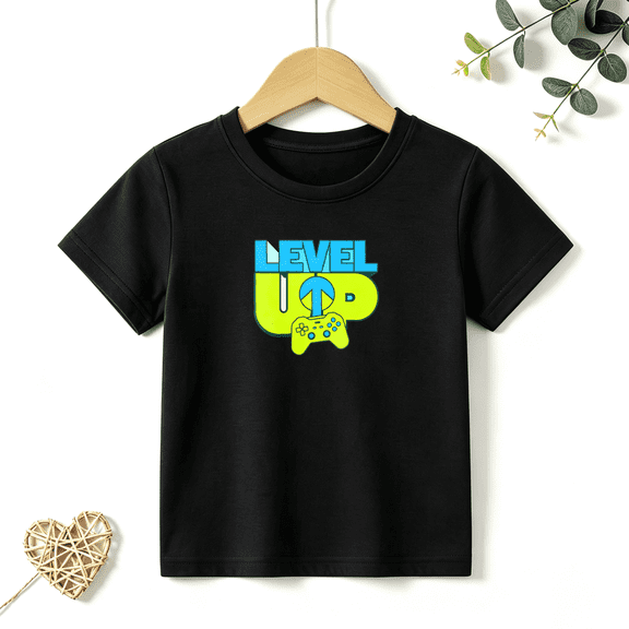 Boys Graphic T Shirt Level Up Gamer Short Sleeve Kids Tees Cool Video Game Gift 100% Cotton Soft Child Tops 4-13Y