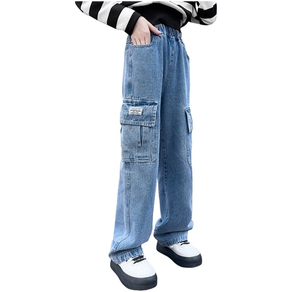 THSXS Kids Jeans Girls Girls Jeans Size 12 Jeans For Girls Baggy Wide Leg Cute High Elastic Waisted Denim Pants Y2K Boyfriend Skater Streetwear