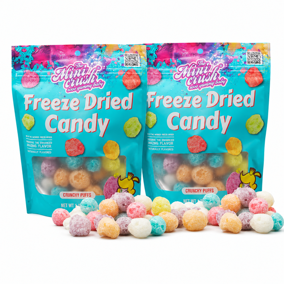 MiniCrush Freeze Dried Mini Puffs Candy, Crunchy Assorted Fruit Flavor Snack, 2 Bags, 1.76 oz (50g) Each, 3.52 oz (100g) Total