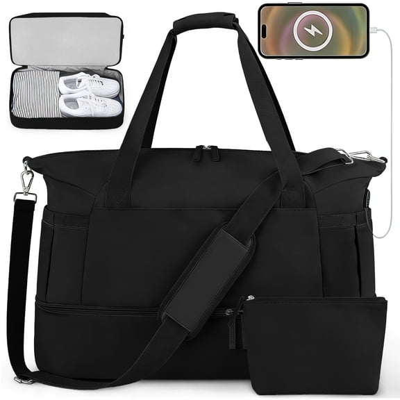 DAKIMOE Travel Duffel Bag for Women Gym Bag with USB Charging Port Large Weekender Overnight Bag Yoga Duffle Bags with Wet Pocket and Shoes Compartment, Black