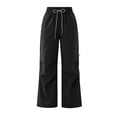 thumbnail image 4 of CLOISE Cargo Pants for Women with Pockets Drawstring Waterproof Mid Waist Straight Leg Long Pants Elastic Waist Solid Baggy Vacation Outfits Black L, 4 of 5