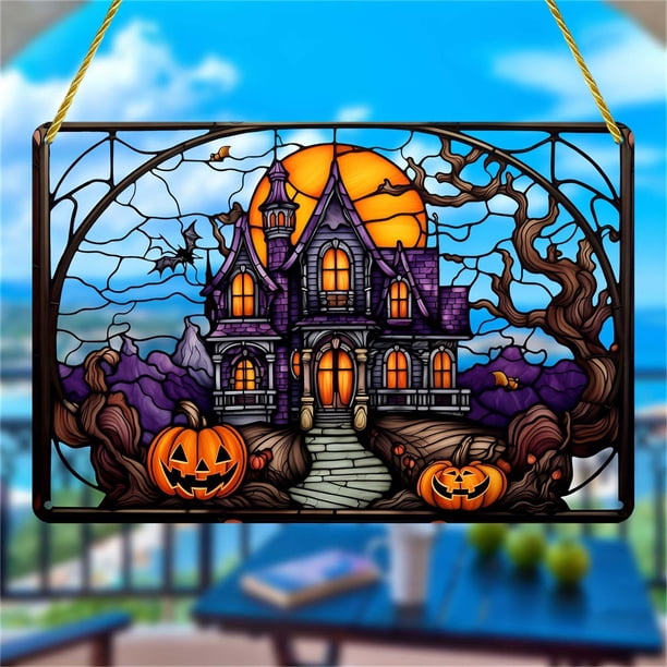 Fiudx Decoración de Castillo de Halloween, Árbol Marchito y Cabeza de Calabaza, Adorno Colgante de Acrílico, Decoración Festiva para El Hogar, Esencial para Fiestas Embrujadas, Fácil de Colgar, Tamañ