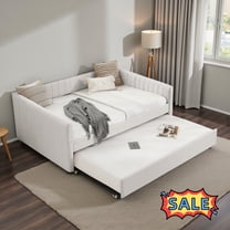 Tcbosik Full Size Upholstered Daybed with Trundle, Linen Fabric Sofa Bed for Bedroom Guest Room, No Box Spring Needed, Beige