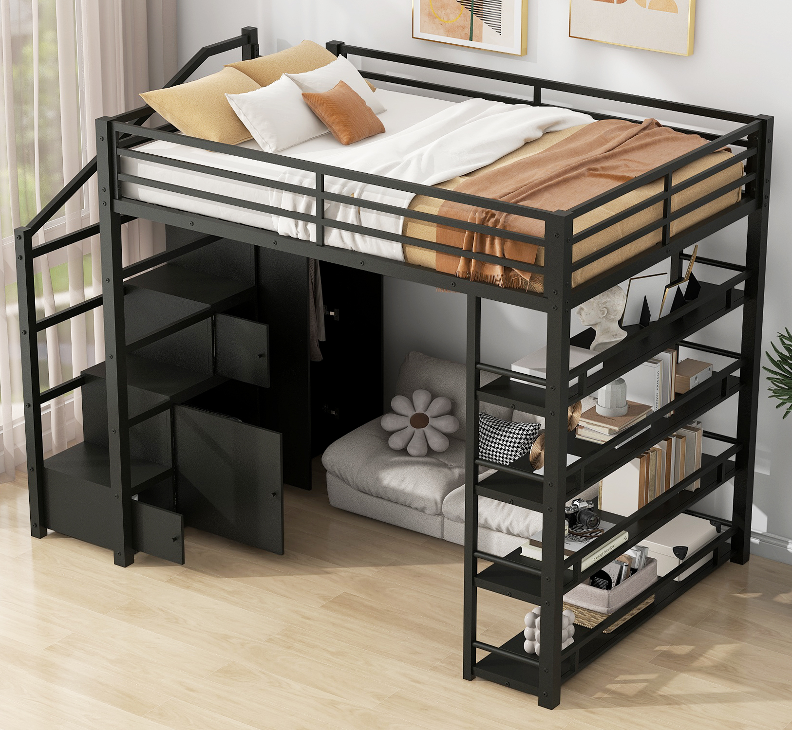 Euroco Full Size Metal Loft Bed with Storage Shelves and Cabinets, Open Wardrobe and Staircase, Black