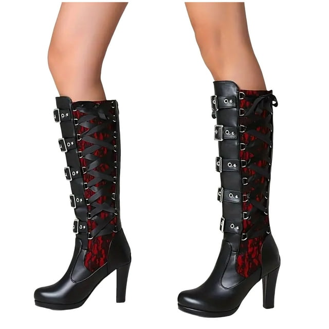 Mepaouo Women Lace Goth Knee High Boots Buckle Block Heel Black Punk Platform Riding Combat Booties