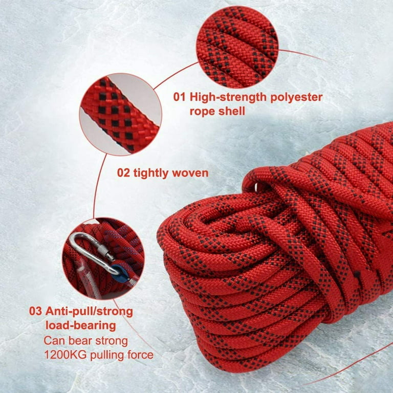Climbing Rope Diameter 12Mm with 2 Carabiners, High-Strength Safety Rope  Nylon Rope Escape Rope, Extremely Tear-Resistant Up To 1200 Kg, Length  10M/20M,20M,F119345 