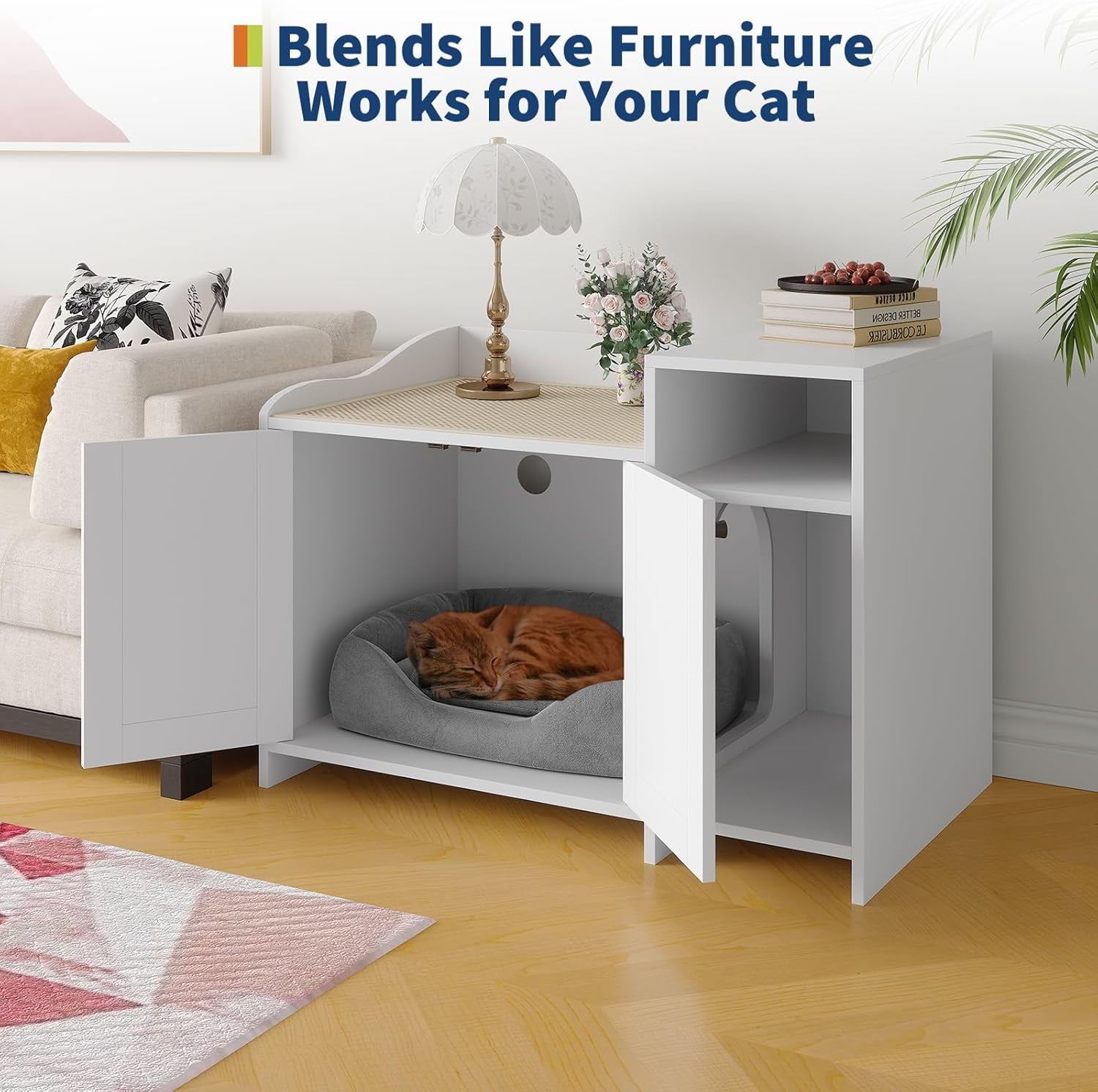 Acekid 31.5 Inch Modern Litter Box Enclosure Cabinet,Wooden Concealed Litter Box with Vent Door/Side Storage/Drawers and Shelves/Versatile Cat Furniture for Small Items/Top Guard,White