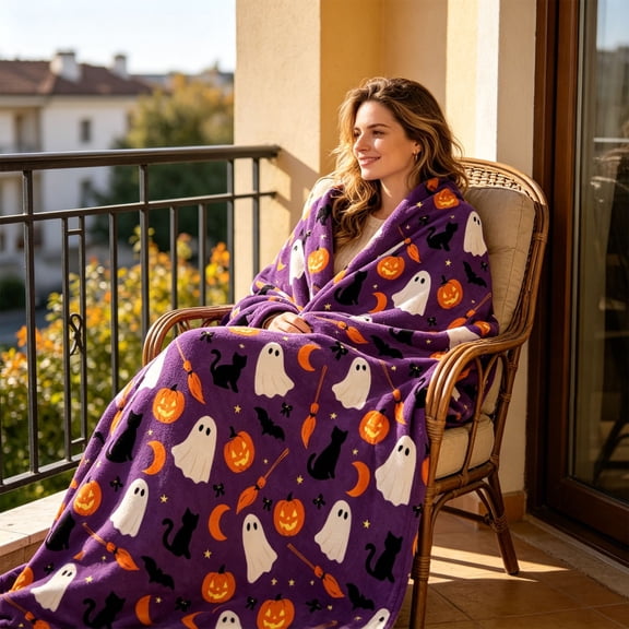 Halloween Blanket 59.1x39.4in Soft Flannel Throw Spooky Print for Bedroom Travel by OVFUIZ