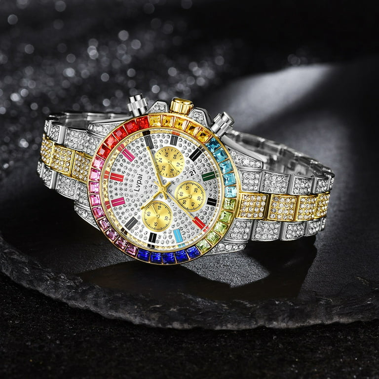 Rhinestone Watch Women Men Luxury Full Micro Pave Iced Out Colorful Stones  Cubic Zirconia Stainless Steel 3 Eyes Watches Men - Quartz Wristwatches