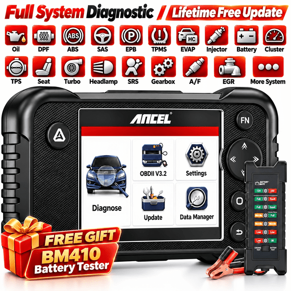 ANCEL OBD2 All System Diagnostic Tool, Free Gift BM410 Battery Tester