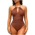 thumbnail image 3 of yoeyez Slimming One Piece Swimsuits for Womens Ruched Tummy Control Cutout Bathing Suit Backless Lace Up Halter Monokini Swim Suits Retro Swimwear Brown,XL, 3 of 7