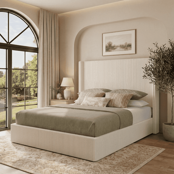 Brafabhome Queen Bed Frame with Lift Up Storage, Corduroy Upholstered Platform Bed with 51.2" Tall Wingback Headboard, No Box Spring Needed | Beige