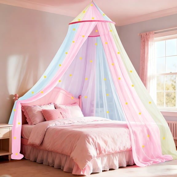 Princess Rainbow Bed Canopy for Christmas with Glow-In-The-Dark Stars, Colorful Canopy Curtains Fits Single Full, Queen Size Bed, Bedroom Additions, Netting Room Decor, Ceiling Tent