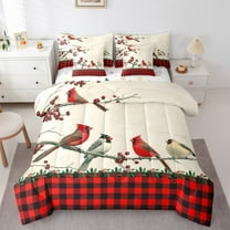 Manfei Kawaii Red Bird Bedding Comforter Set 7pcs, Black Red Buffalo Queen Bedding Sets, Winter Christmas Festival Reversible Queen Sheet Sets, Ultra Soft Home Decor