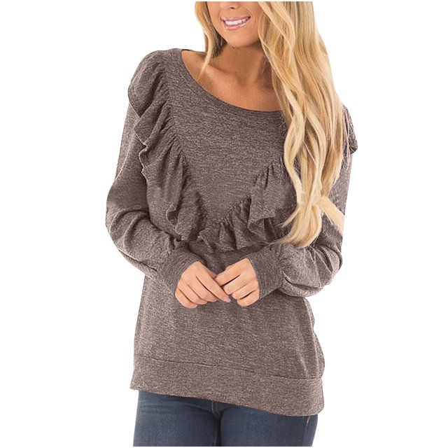 GigrtiJin Hauts à Volants pour Femmes Manches Longues Blouse Ample Col Rond Habillée Décontractée Couleur Unie Tunique Chandail