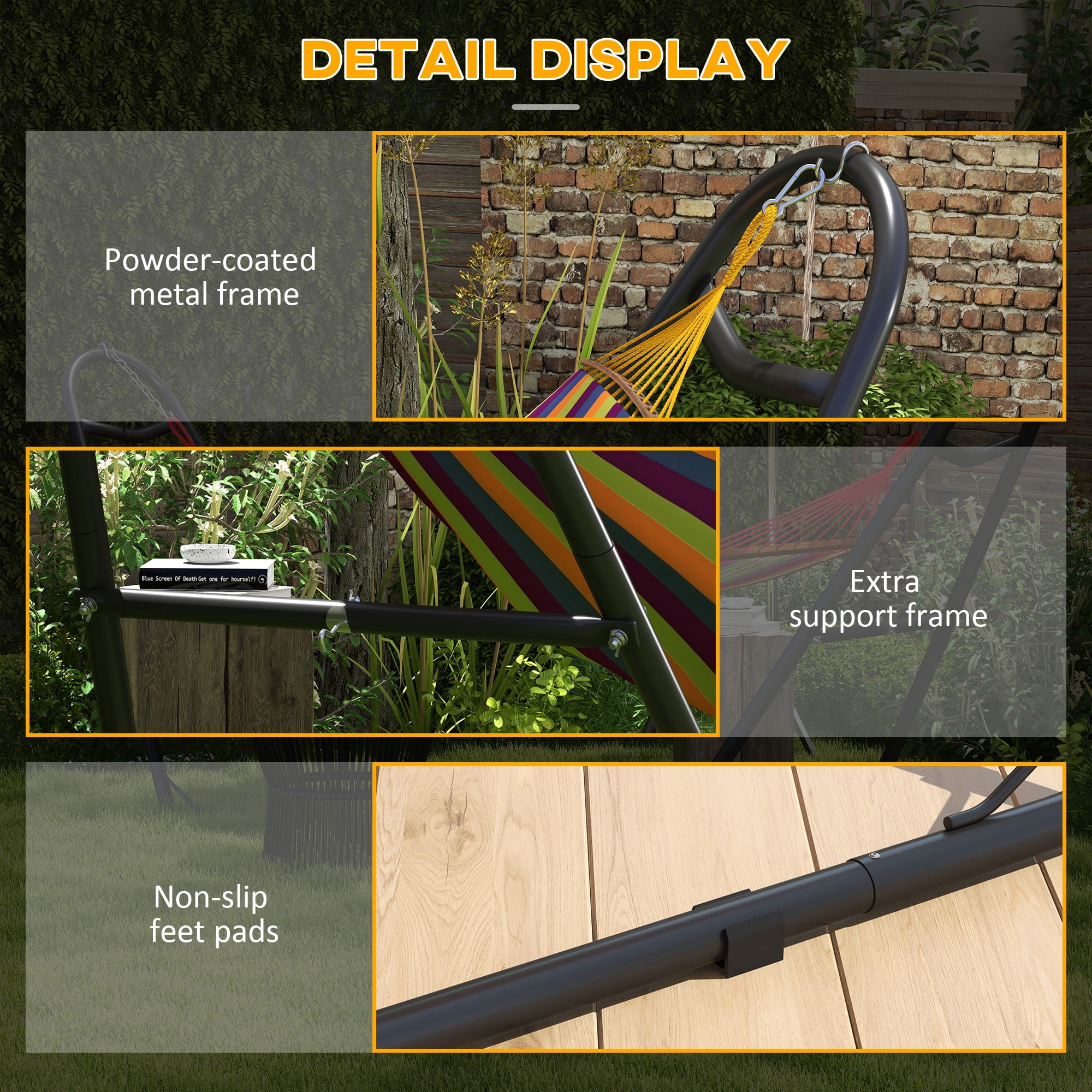 Garden Accessories Outsunny Hammock Stand for 2 Person, Portable Adjustable Steel Frame Hammock Stand with Weather Resistant Finish for 9-14’ Hammocks, 10.3', 550 lbs. Capacity, Black,Garden Decorat