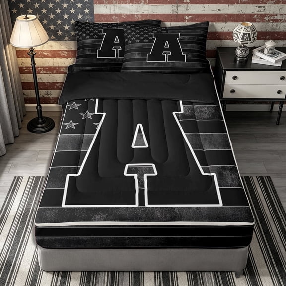 Meiyoeat Vintage American Flag Letter A Zipper Twin Comforter Sets with Fitted Sheet and 2 Pillowcases for Men Boys, Patriotic Monogram Zipper Bedding Set,4-Piece,Black Reversible