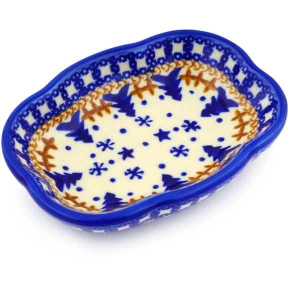 Polish Pottery 5-inch Soap Dish (Winter Snow Theme) Hand Painted in Boleslawiec, Poland Certificate of Authenticity