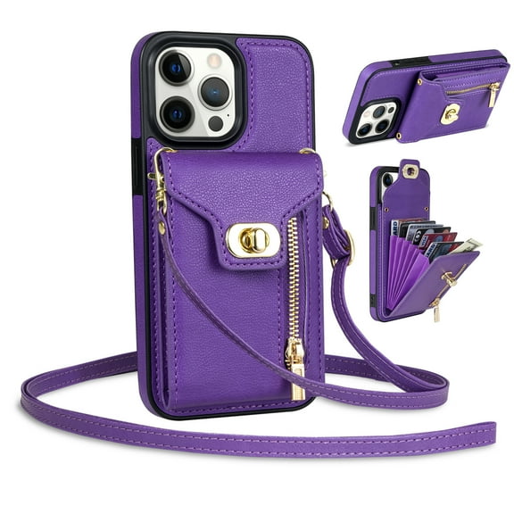 Mantto for iPhone 16 Pro Max Back Zipper Wallet Case with Detachable Shoulder Strap,Luxury Metal Buckle Card Slots Shockproof Premium PU Leather Stand Crossbody Phone Case for Women Men,Purple