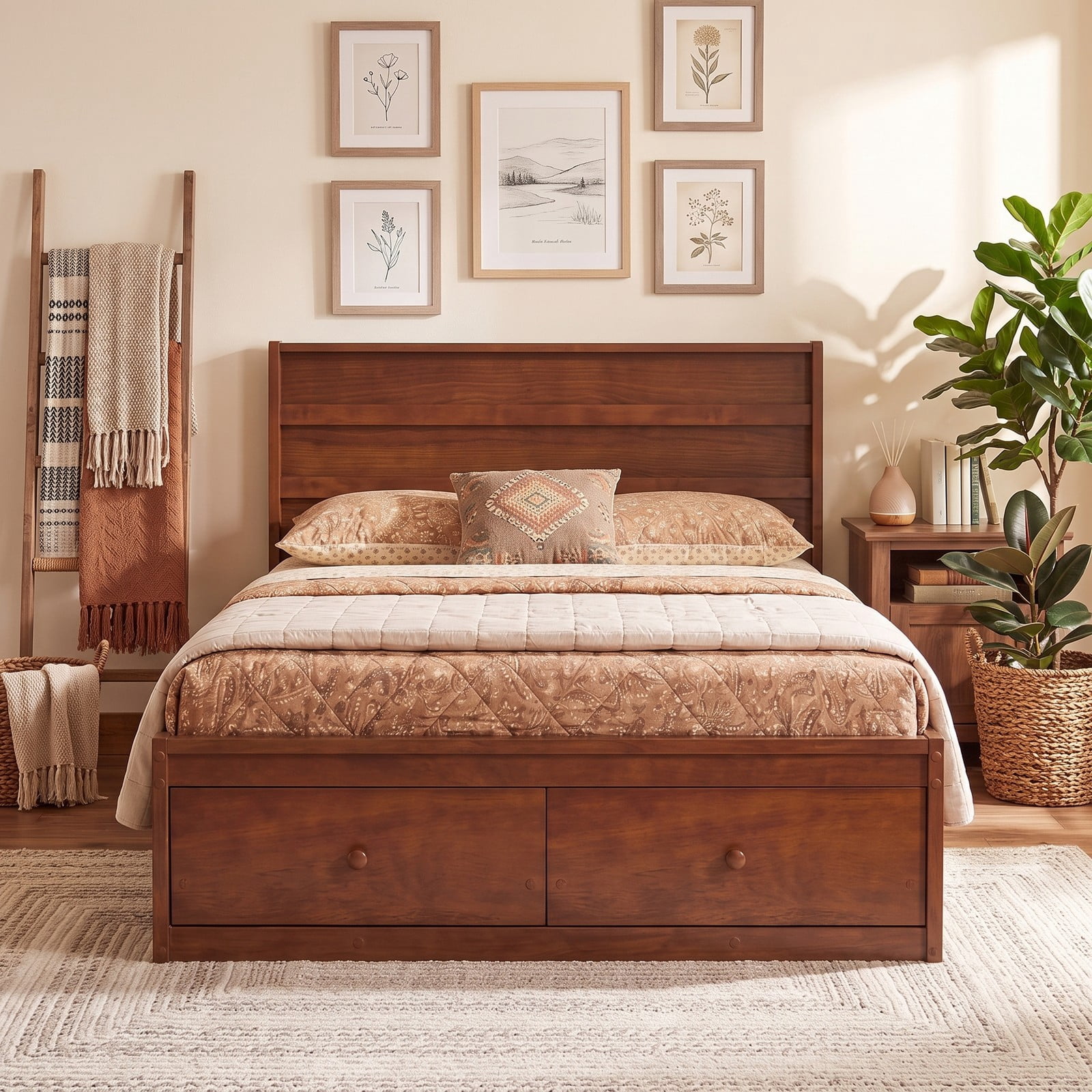 Furnibear Full Size Bed Frame with Storage, Wooden Platform Bed with Plank Headboard and 2 Storage Drawers, Walnut