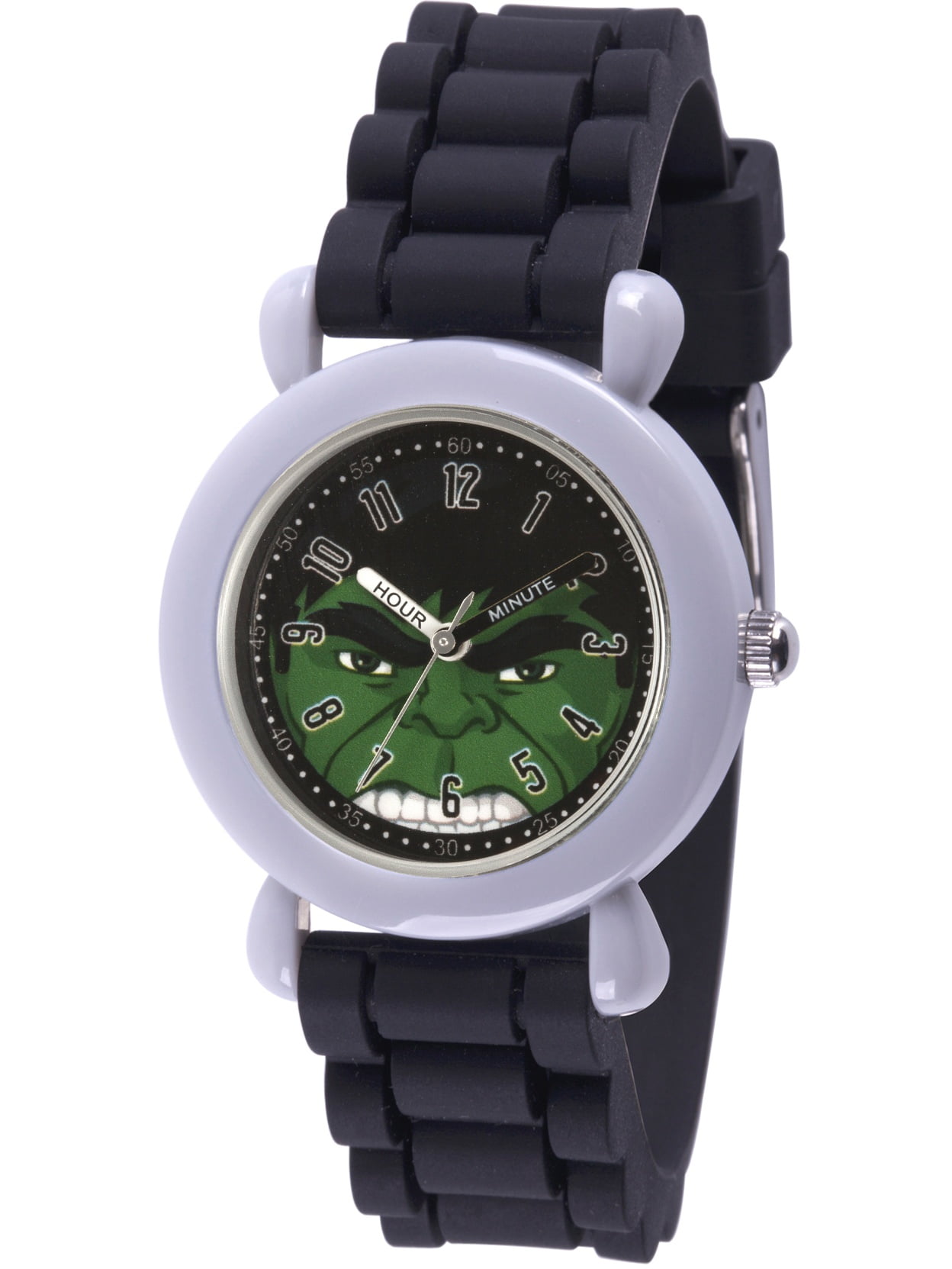 Avengers Hulk Boys' Gray Plastic Time Teacher Watch, Black Silicone Strap