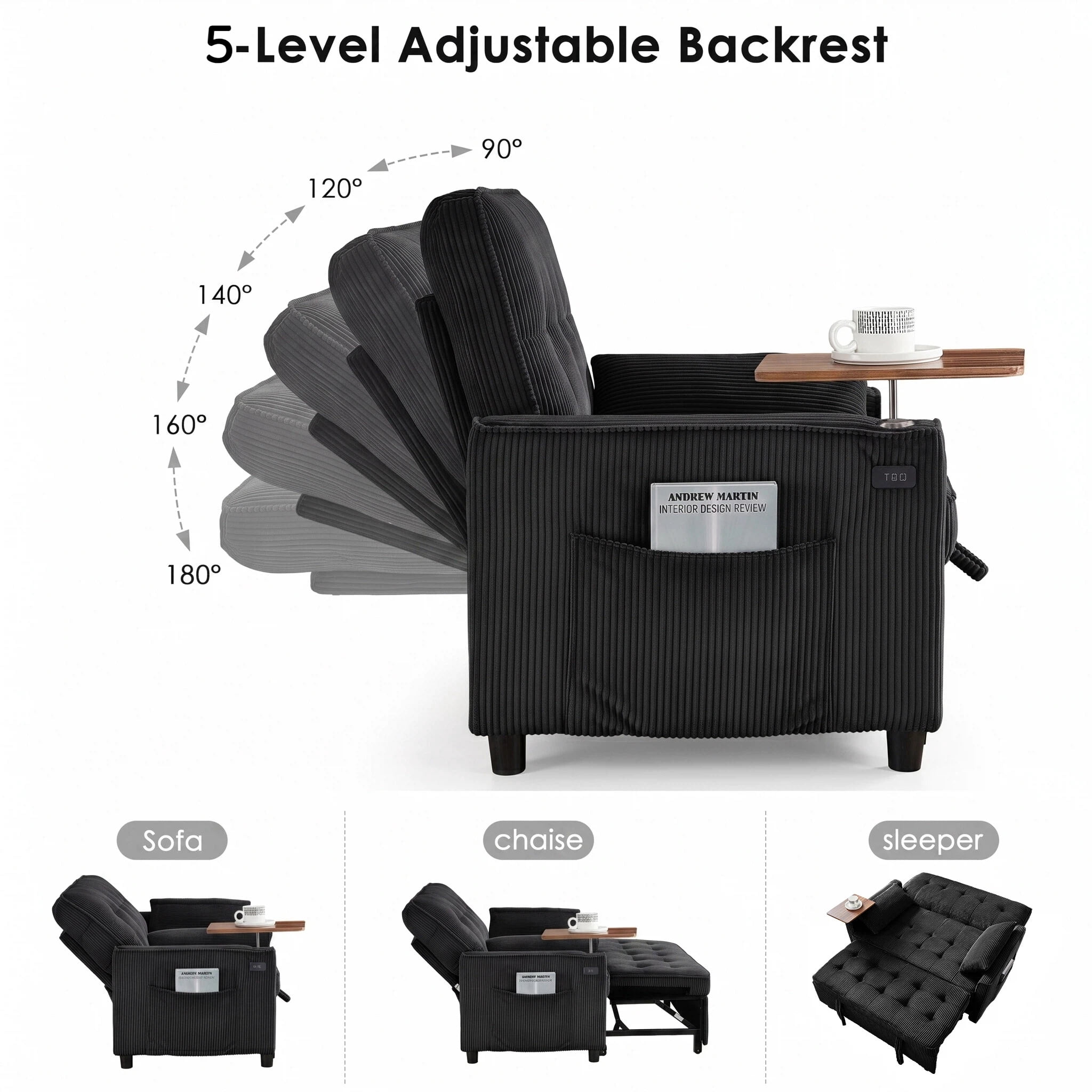 AISWORD 55" 3-in-1 Convertible Sleeper Sofa Bed, Pull Out Loveseat Couch with Side Tray Table & USB Charging Port, Adjustable Backrest Sofa for Apartment, Bedroom, Office, Black