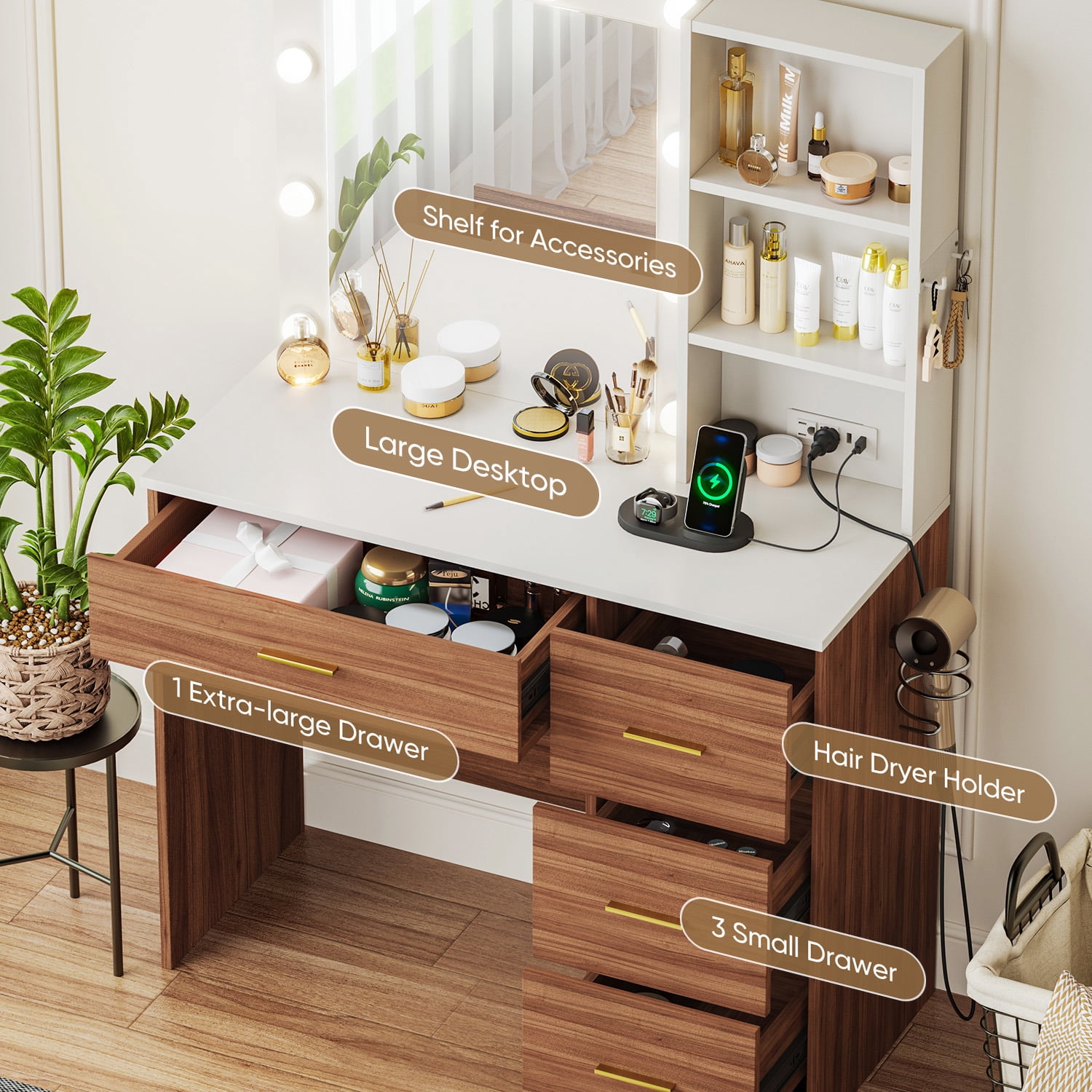 Raffle Pinker Vanity Desk Makeup Dressing Table with Mirror and Lights,4 Drawers,Storage Shelves,Power Outlet,Brown