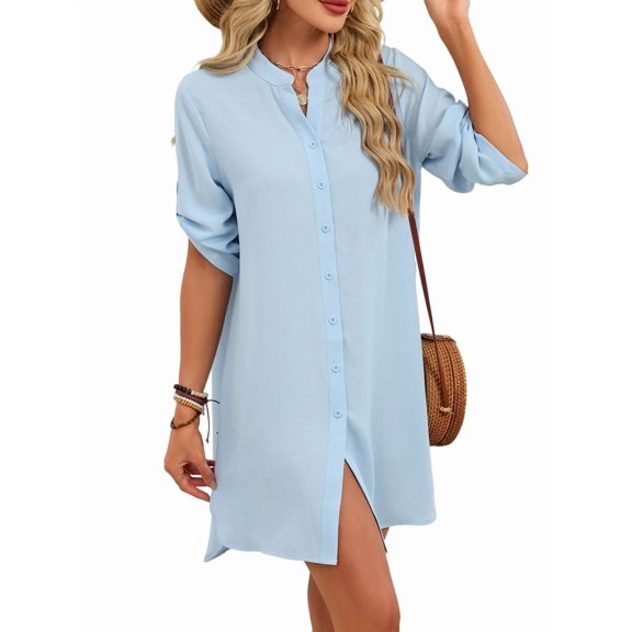 Bathing Suit Cover Up for Women V Neck Button Down Swimsuit Coverup Beach Dress Shirt M