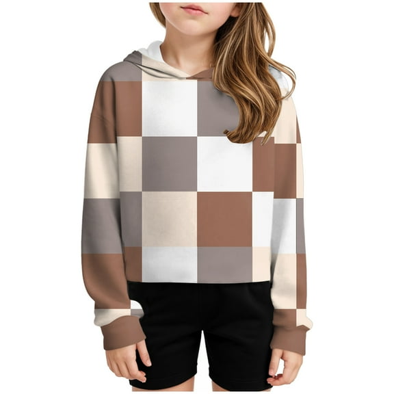 Girls Crop Sweatshirts Casual Tops Kids Long Sleeve Plaid Pullover Cute Fall Winter Fashion Shirts For Teen Girl Plaid Color Block Sweatshirts Hoodies for Girls 14-16 Juniors