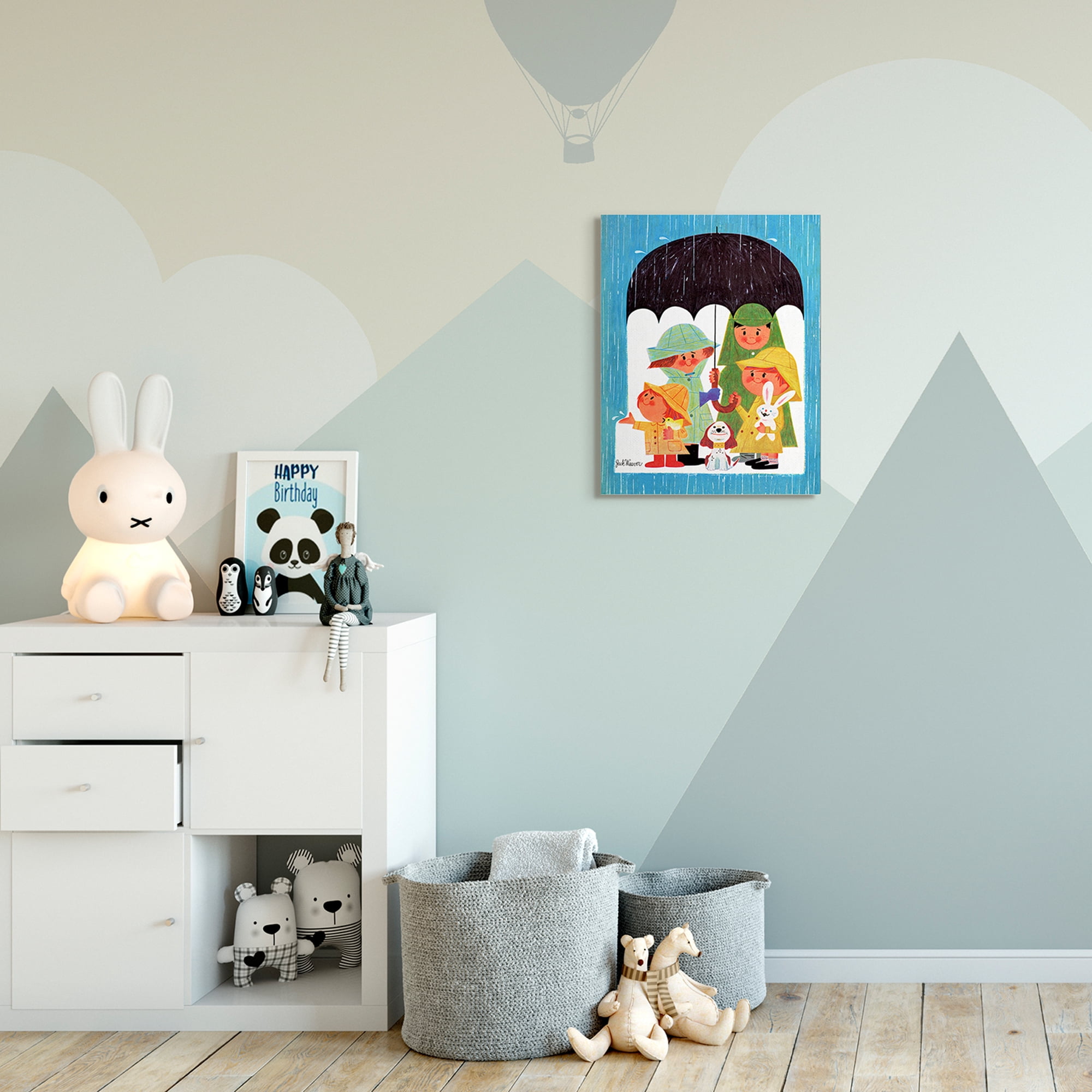 The Kids Room by Stupell Rainy Day Family Cartoon Blue Green Kids Nursery Painting Canvas Wall Art by The Saturday Evening Post