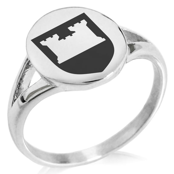 Stainless Steel Castle Protection Coat of Arms Shield Minimalist Oval Top Polished Statement Signet Ring