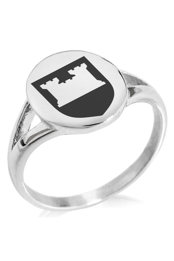 Stainless Steel Castle Protection Coat of Arms Shield Minimalist Oval Top Polished Statement Signet Ring