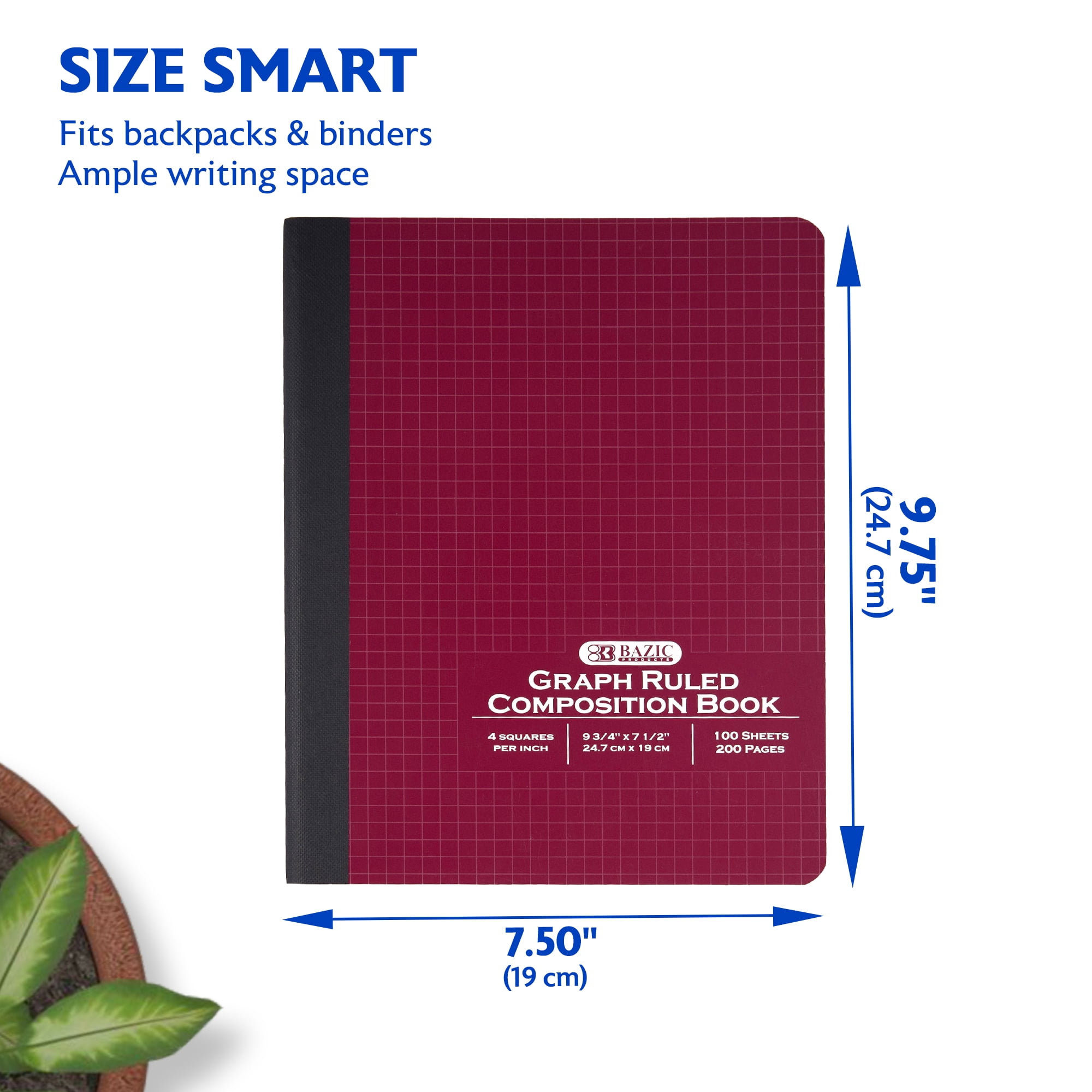BAZIC Products Quad Ruled Composition Notebook, Quad Rule 4 Squares per Inch, 9.75 x 9.75 Inches, 4x4 Graph Ruled Paper Notebooks, 100 Sheets, Assorted Color Cover, 48 Pack