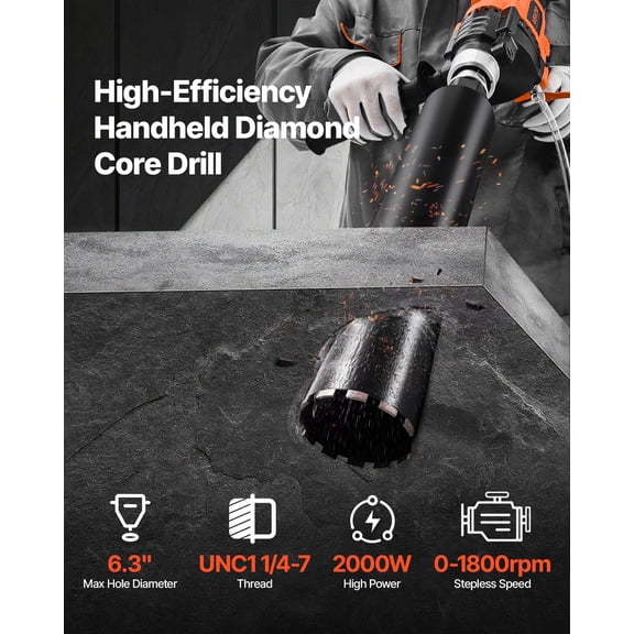 Diamond Core Drilling Machine,0.8-6.3 in Drilling Diameter,Handheld Dry&Wet Concrete Core Drill Rig with 4 Drill Bits,0-1800RPM Variable Speed,UNC1 1/4-7,for Concrete Brick Stone,2000W