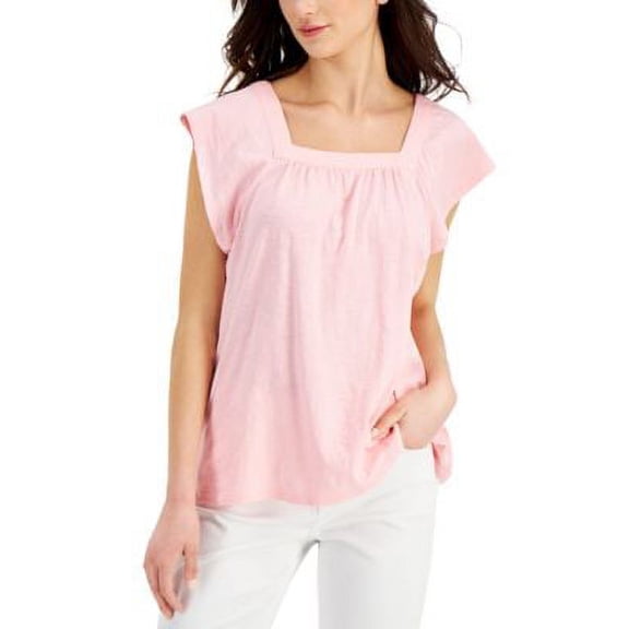 MSRP $45 Style & Co Solid Flutter-Sleeve Top Pink Size Small