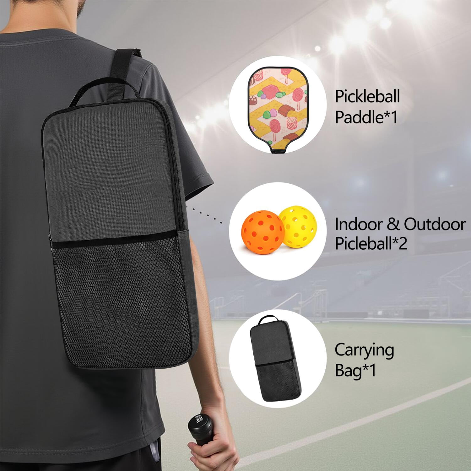 Pickleball Paddles Set Of 1, Fiberglass Surface, Sweet Candy Print, 1 Paddle, 2 Balls & Bag