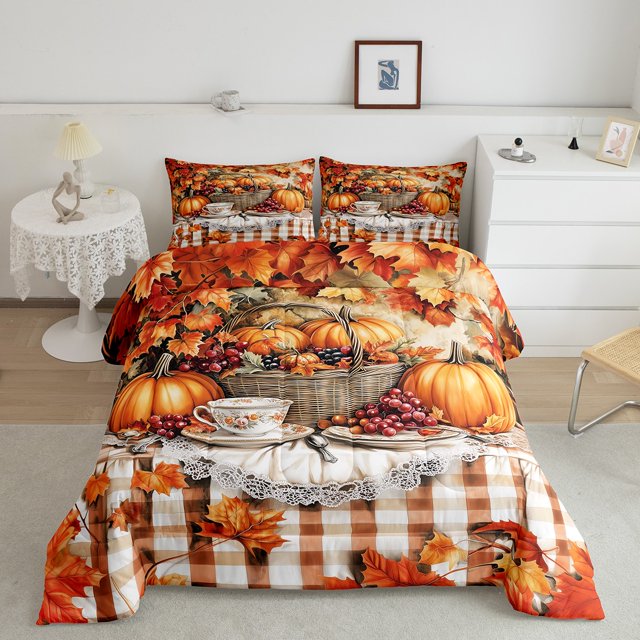 Erosebridal Maple Leaf Bedding Queen Comforter Set, Autumn Pumpkin Down Comforter, Brown Buffalo Decor, Reversible 3 Pieces