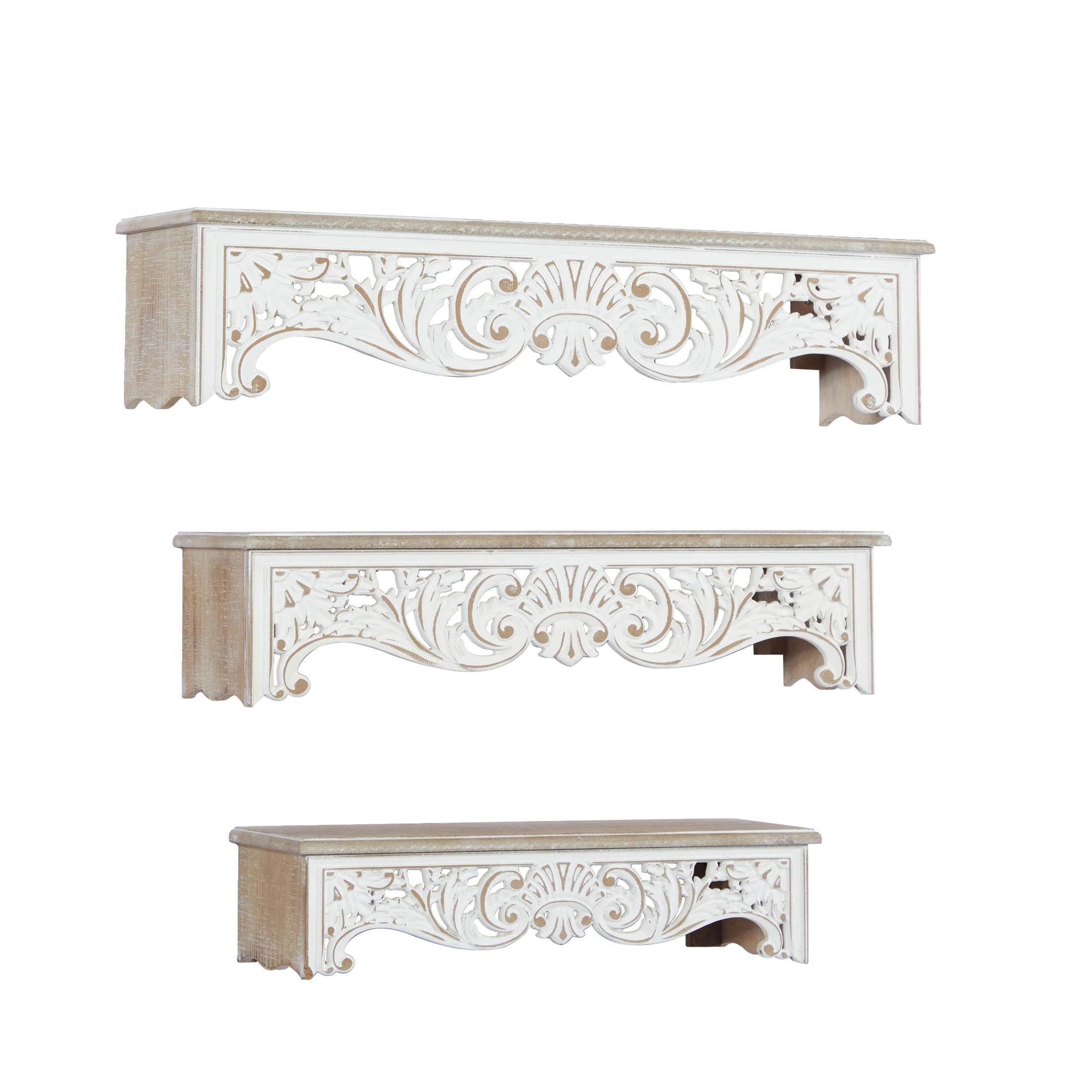 DecMode 19", 24", 28"W Carved 3-Tier Cream Scroll Wall Shelf (3 Count)