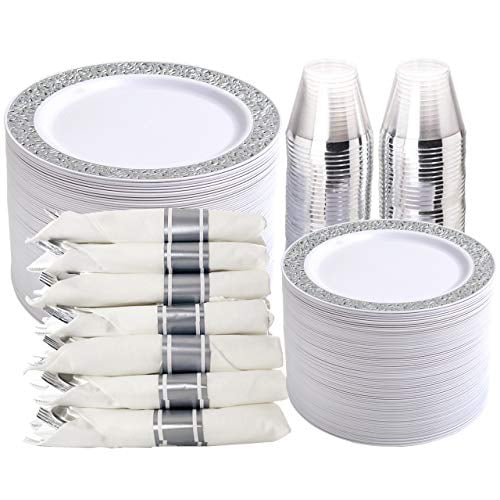WELLIFE 200 Pieces Silver Disposable Plates with Plastic Silverware Premium S... 