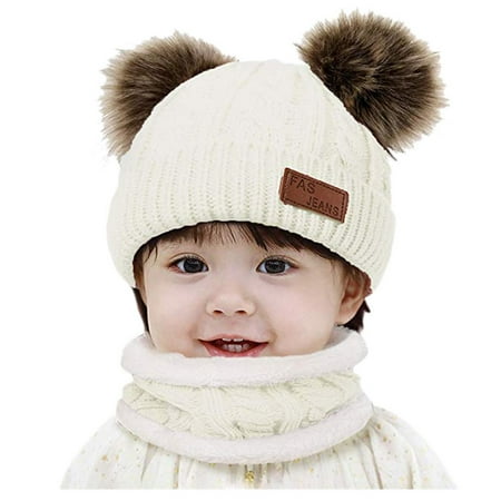 

QWERTYU Children Knitted Ski Beanie Toddler Baby with Scarf Hat Winter Faux Fur Pompom Cap for Girl Boy 1Y-8Y One Size
