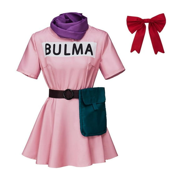 Women Bulma Inspired Pink Dress Retro Style Outfit with Waistbag and Scarf