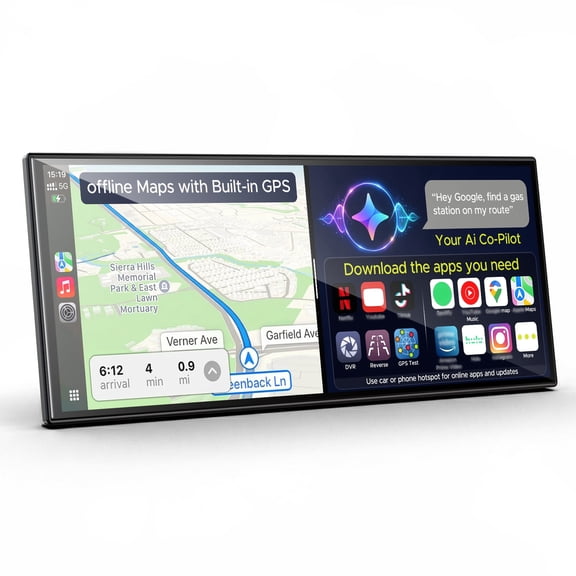 LAMTTO 11'' AI CarPlay Screen with Play Store APP, Wireless Car Play Android Auto, Built-in  GPS & Gemini, Android 15 Smooth 8-Core, 1920x720 Display with 1080P Backup Camera/DVR